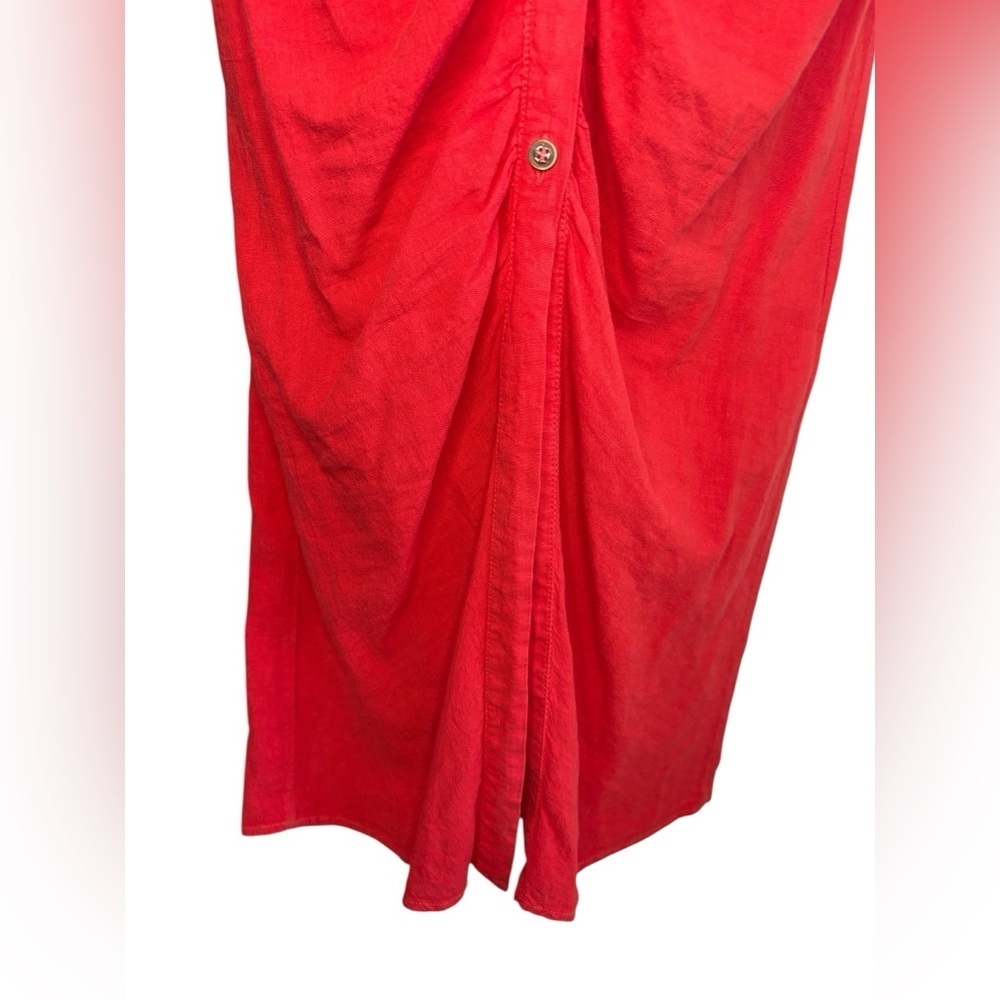 Zara cherry red sleeveless front button ruched linen blend midi dress sz M - Picture 8 of 15